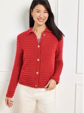 TALBOTS 100% Cotton Textured Knit Polo Button Front Long Sleeve Cardigan Sz XL
